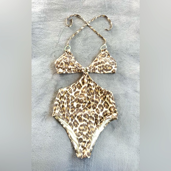 aerie Other - Aerie One Piece Brown Beige Leopard Animal Print Halter Tied Swimsuit Size S